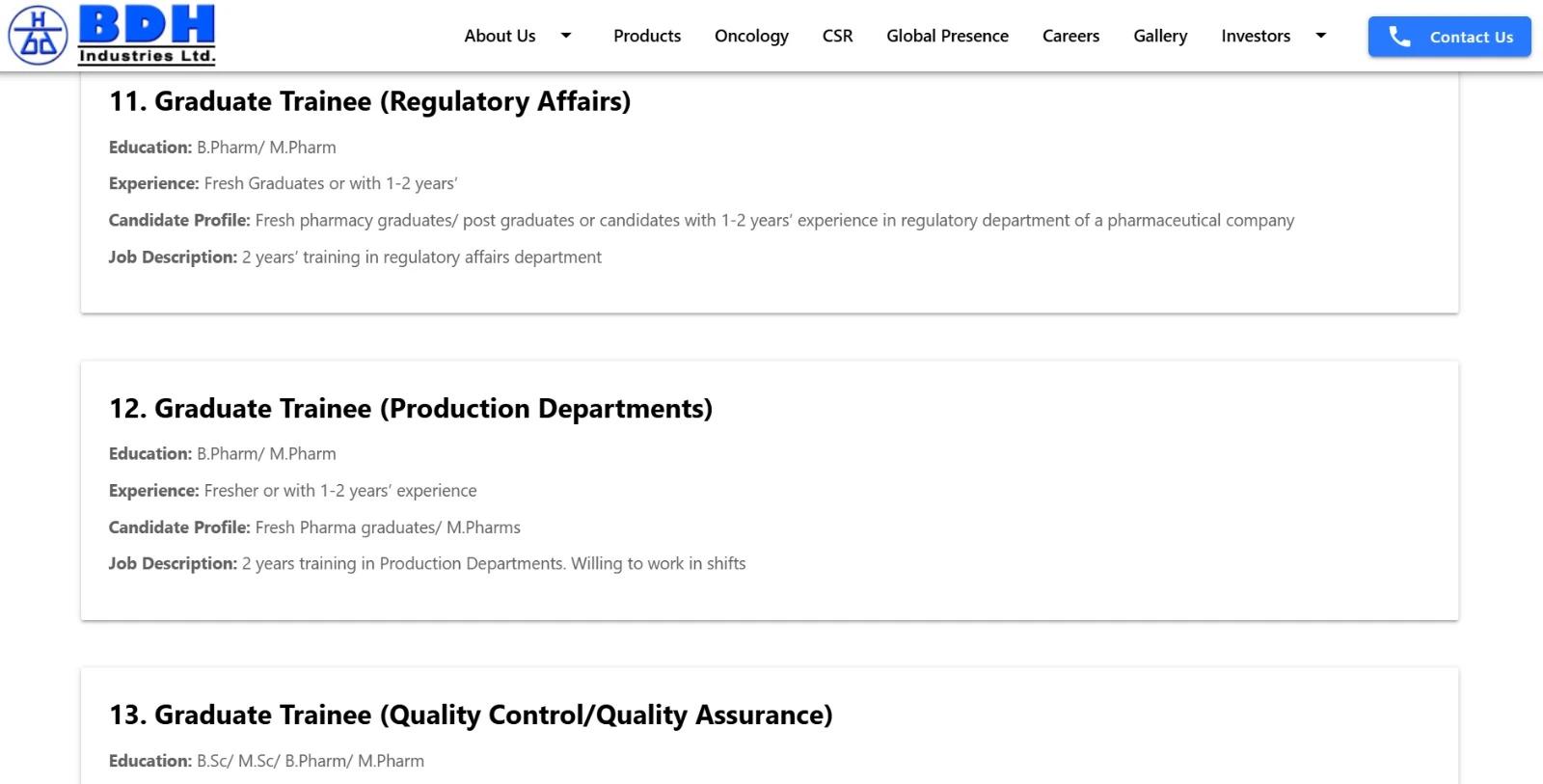 Graduate Trainee vacancy details from the BDH Industries Ltd. careers page