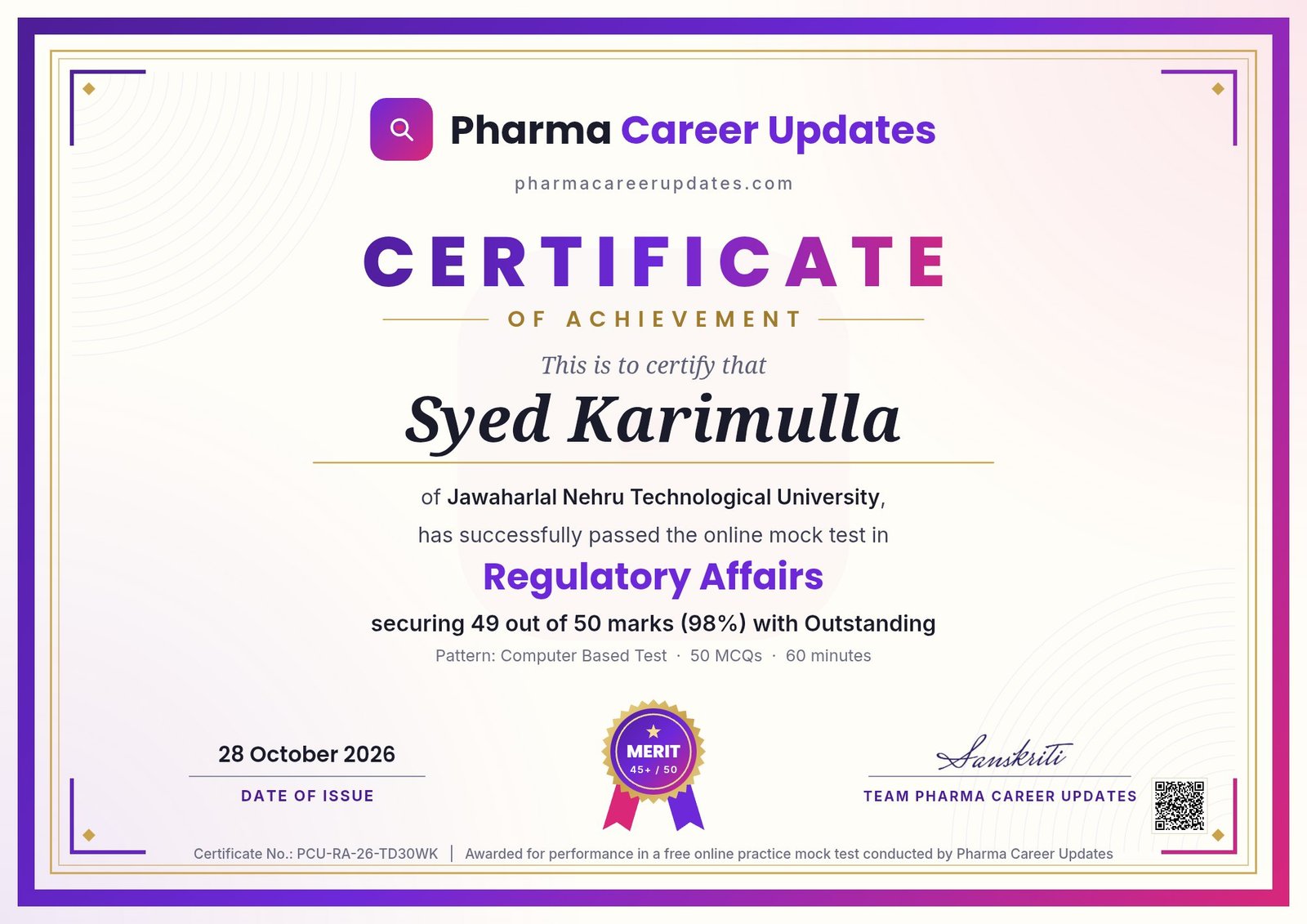 Certificate of Syed Karimulla